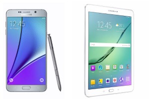 Smartphone Galaxy Note 5 con pantalla grande y Galaxy Tab S2 de Samsung destacado como el tablet más delgado del mercado.