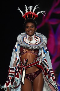Angolan model Amilna Estevao presents a creation during the 2017 Vict
