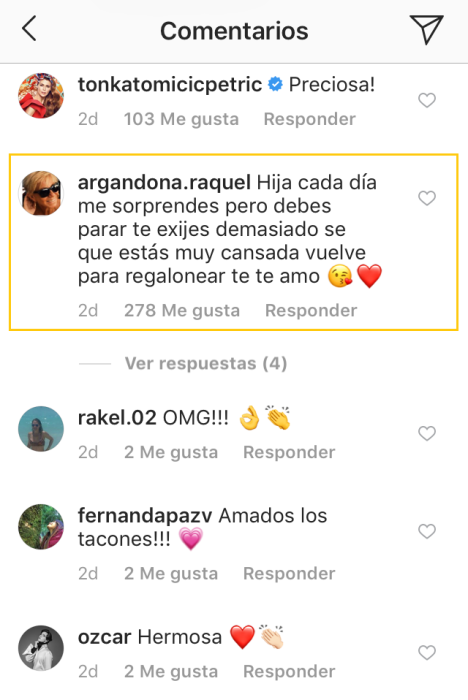 Comentario de Raquel Argandoña publicado en cuenta de Instagram de Kel Calderon.