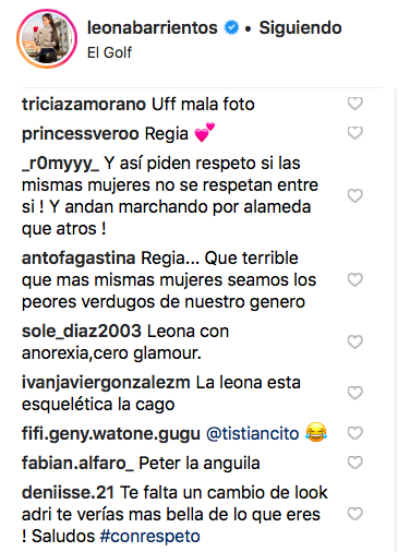 Comentarios publicado en cuenta de instagram de @leonabarrientos