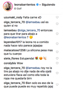 Comentarios publicado en cuenta de instagram de @leonabarrientos